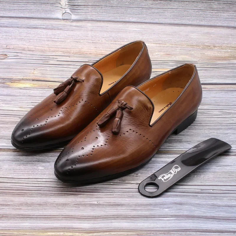 Bravino – Men’s Genuine Leather Tassel Loafers. Hand-Finished Dress Shoes