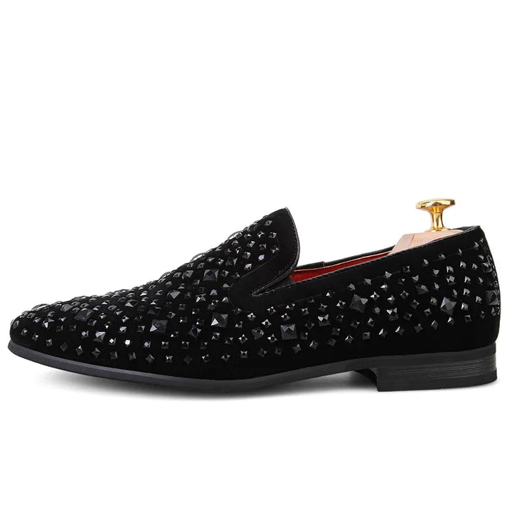 Sfarzo - Men's Black Crystal Embellished Slip-On Loafer Dress Shoes