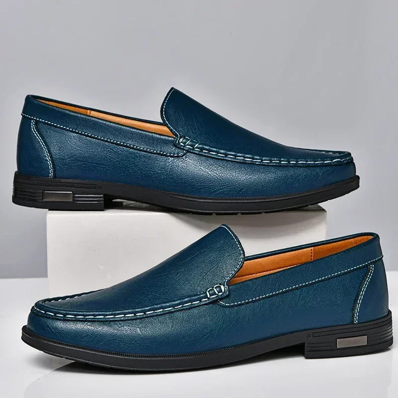 Sereno2 - Men's Blue PU Leather Slip-On Driving Moccasin Loafers - Ashour Shoes