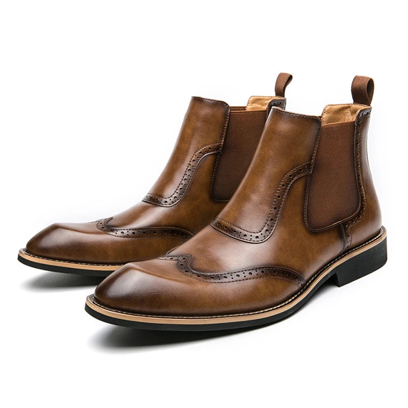 Distinto - Men's Polished Leather Brogue Chelsea Boots - Ashour Shoes