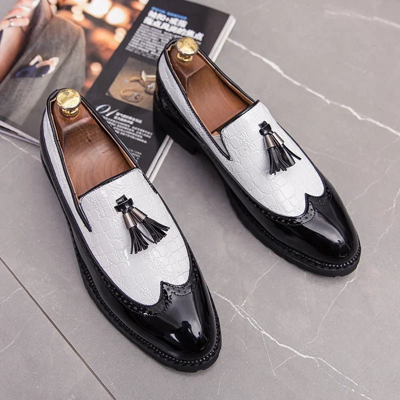 Distinto - Men's Patent Leather Crocodile Brogue Tassel Loafers
