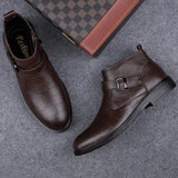 Stile - Men's Embossed Leather Buckle Ankle Boots - Ashour Shoes