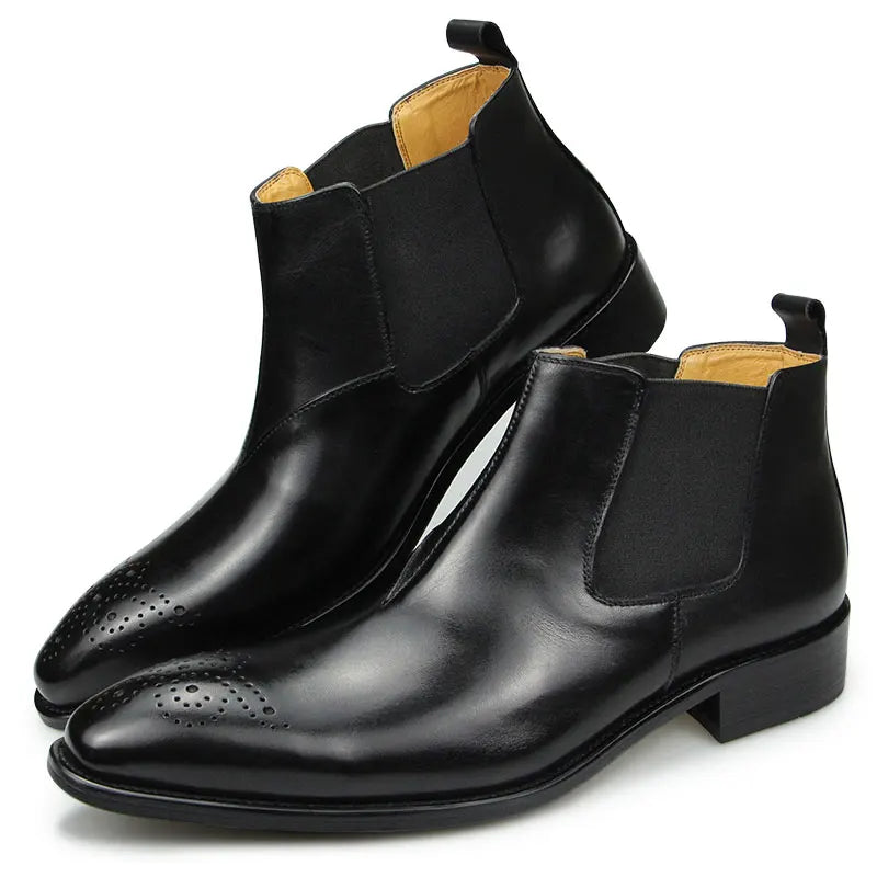 Romano - Men's Chelsea leather ankle boots with broguing (slip on) - Ashour Shoes