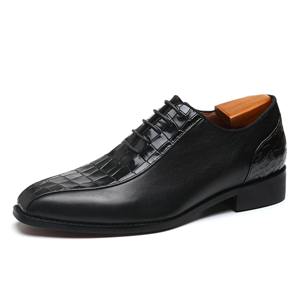 The Luxxor - Red bottom sole leather oxford dress shoes with half alligator print - Ashour Shoes