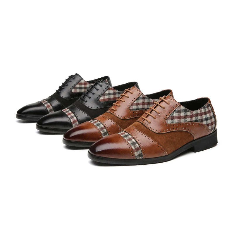 The Mash - Checkered Oxford Brogue Shoes with Patchwork tartan Fabric - Ashour Shoes