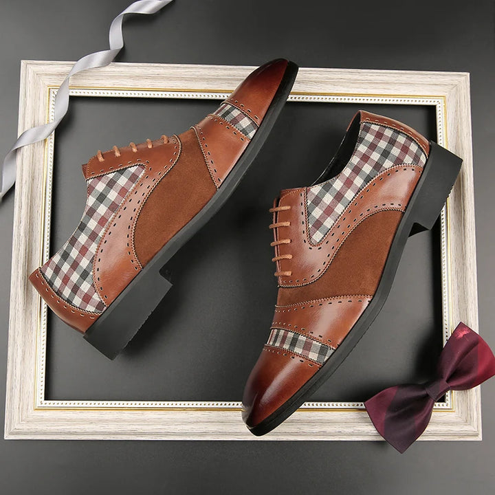 The Mash - Checkered Oxford Brogue Shoes with Patchwork tartan Fabric - Ashour Shoes