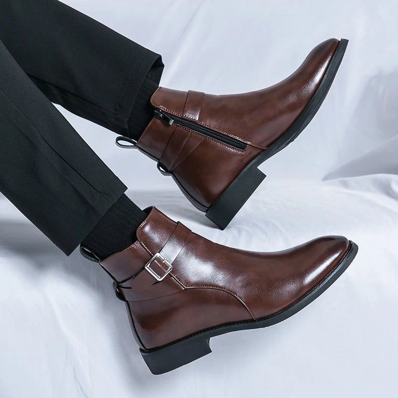 The Chiaro X - Leather ankle dress boots for men with zipper and strap - Ashour Shoes