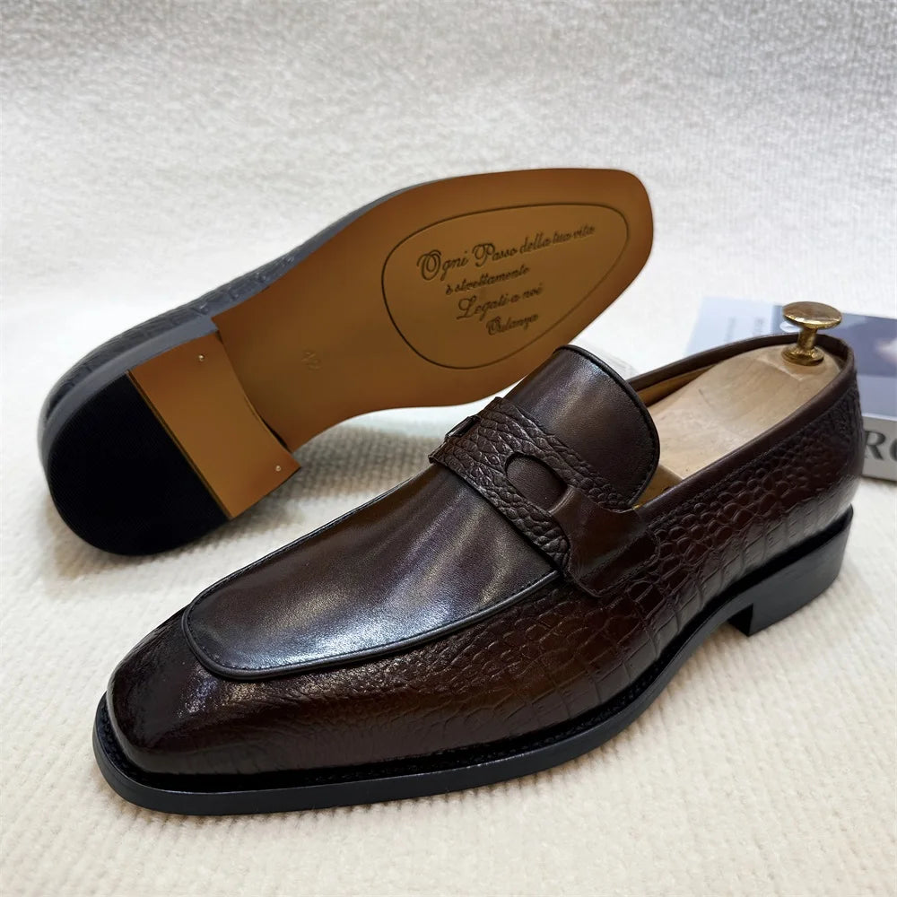 Eleganza - Men's Dark Brown Crocodile Print Leather Loafers - Ashour Shoes