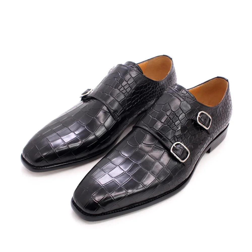 Maestro - Men's Elegant Black Crocodile Embossed Double Monk Strap Dress Shoes - Ashour Shoes