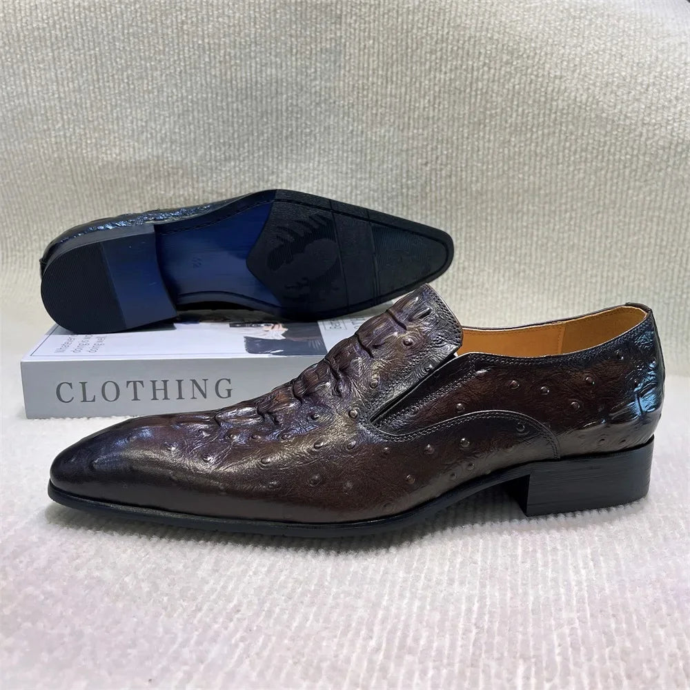Virello – Men’s Leather loafers with ostrich print (Black / Brown) - Ashour Shoes