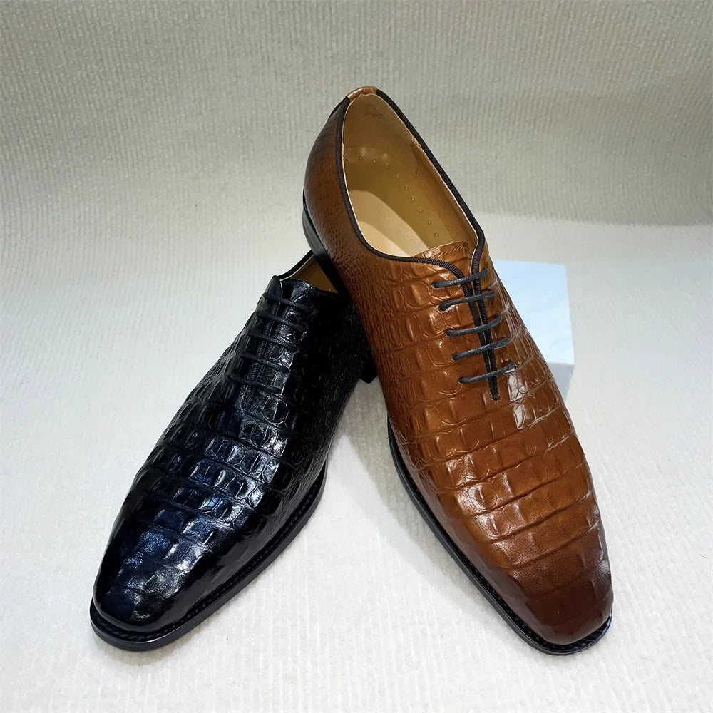 Distinto - Men's Lace-Up Pointed Toe Crocodile Embossed Leather Oxford Dress Shoes - Ashour Shoes