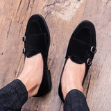 Duca - Men's Black Suede Pointed Toe Double Monk Strap Dress Shoes - Ashour Shoes