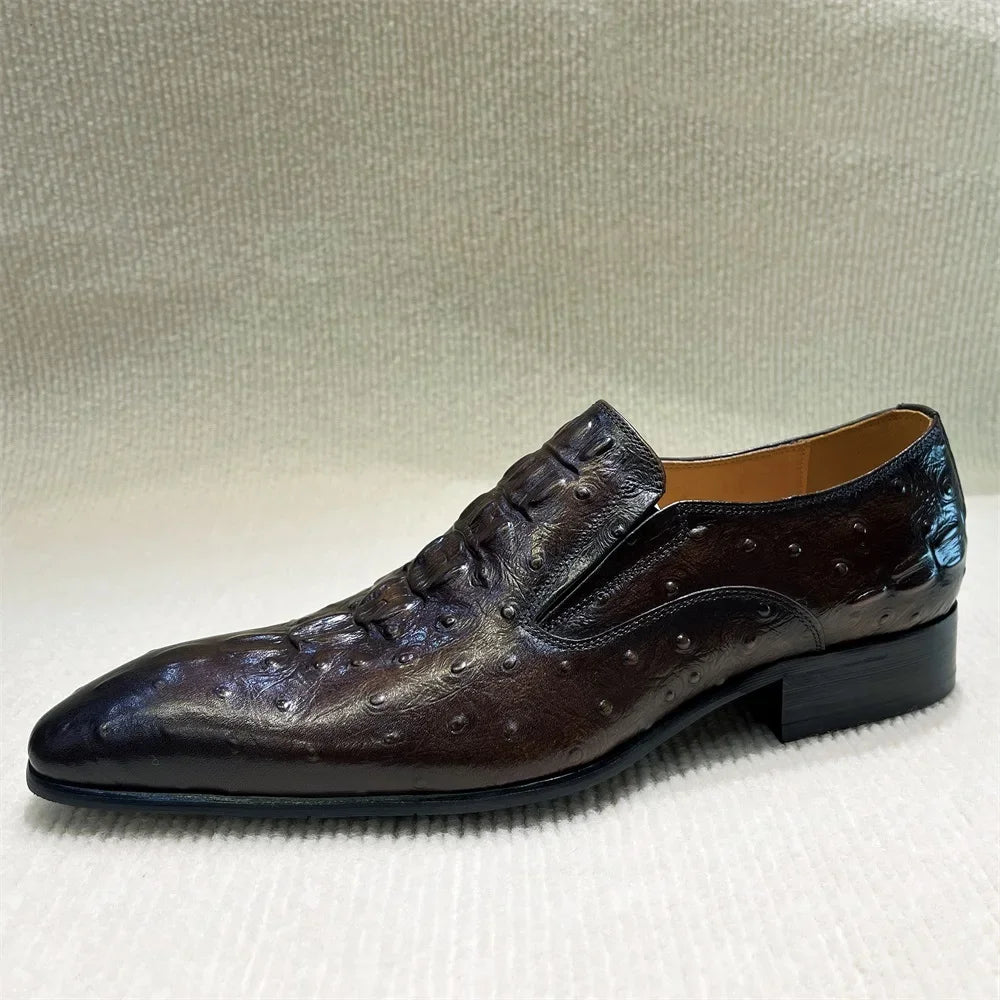 Virello – Men’s Leather loafers with ostrich print (Black / Brown) - Ashour Shoes