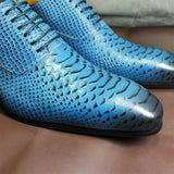 Distinto - Men's Luxury Blue Genuine Leather Snake Print Oxford Dress Shoes - Ashour Shoes
