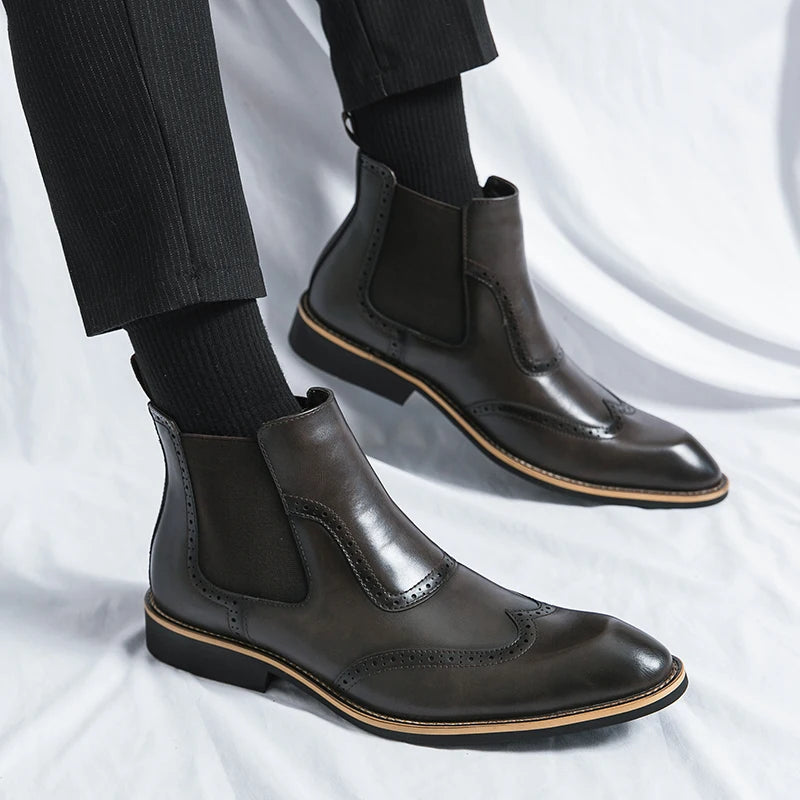 Distinto - Men's Polished Leather Brogue Chelsea Boots - Ashour Shoes