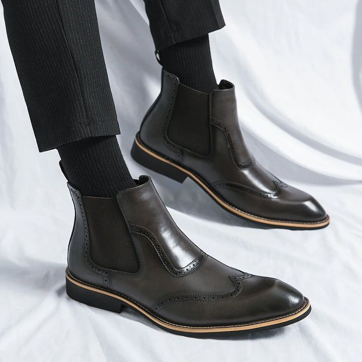 Distinto - Men's Polished Leather Brogue Chelsea Boots
