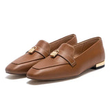 Serrata - Women's Black Faux Leather Loafers - Square Toe Gold Lock Detail Slip-On Flats - Ashour Shoes