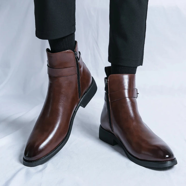 The Chiaro X - Leather ankle dress boots for men with zipper and strap - Ashour Shoes