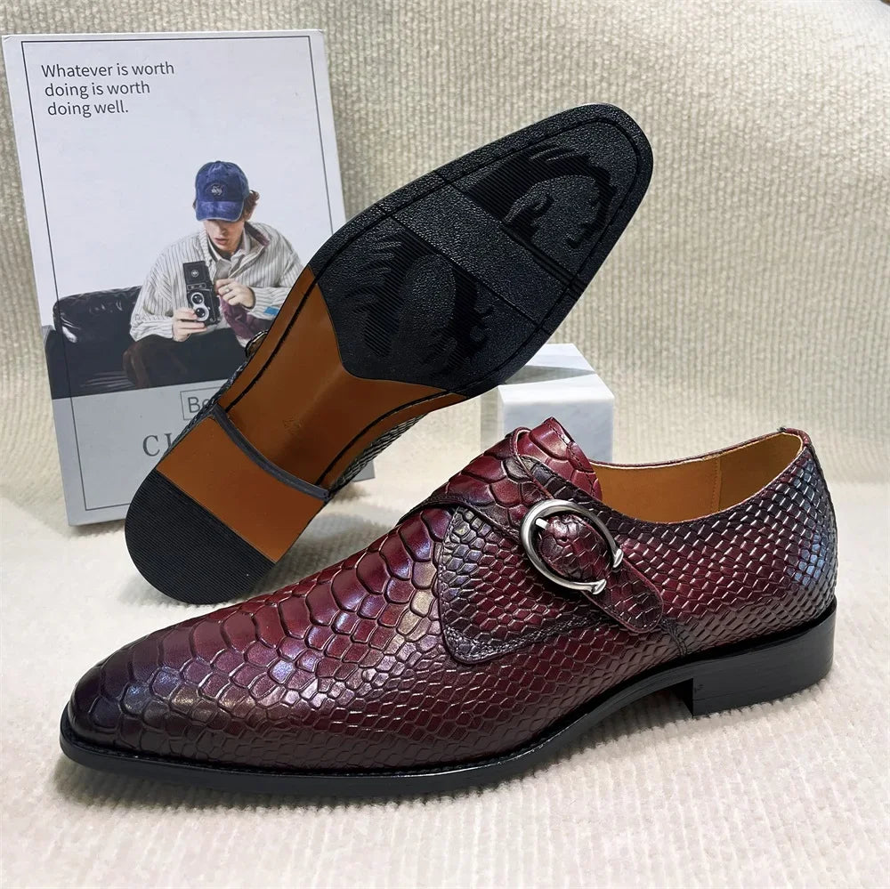 Serpente - Men's Elegant Burgundy Embossed Leather Monk Strap Dress Shoes - Ashour Shoes