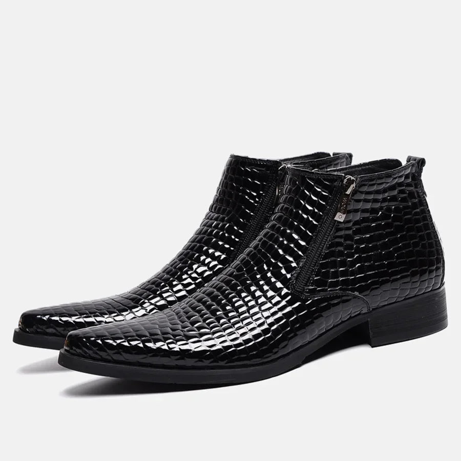 Stile - Men's Blue Crocodile Embossed Patent Leather Zipper Ankle Dress Boots - Ashour Shoes