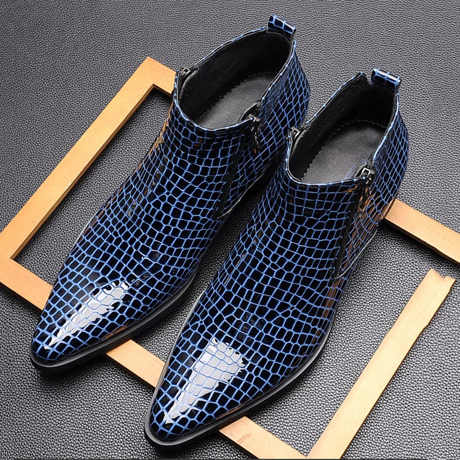 Stile - Men's Blue Crocodile Embossed Patent Leather Zipper Ankle Dress Boots - Ashour Shoes
