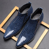 Stile - Men's Blue Crocodile Embossed Patent Leather Zipper Ankle Dress Boots - Ashour Shoes