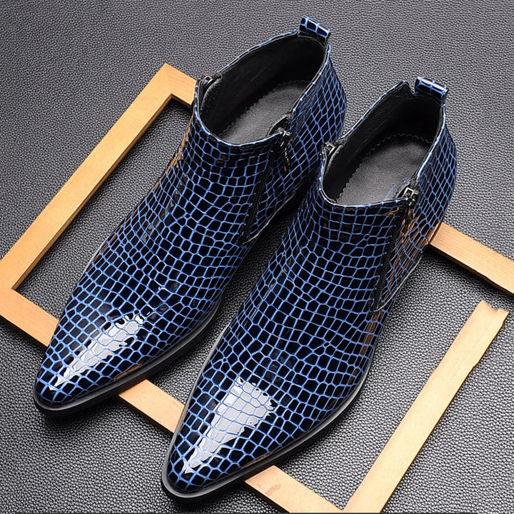 Stile - Men's Blue Crocodile Embossed Patent Leather Zipper Ankle Dress Boots