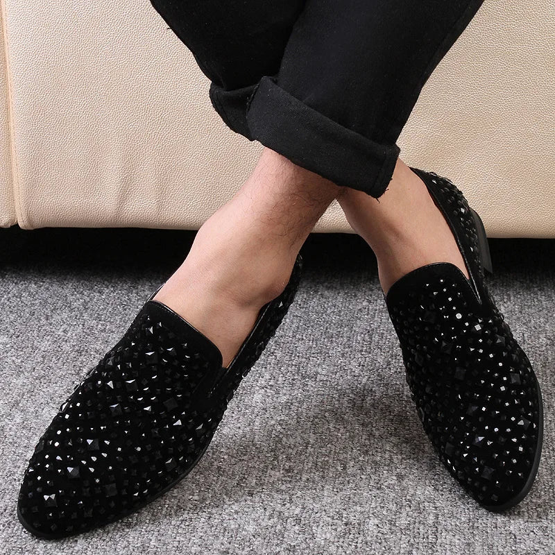 Sfarzo - Men's Black Crystal Embellished Slip-On Loafer Dress Shoes - Ashour Shoes