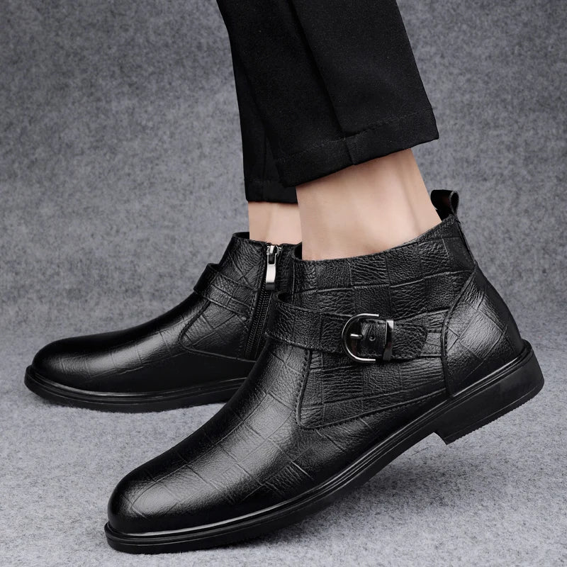 Stile - Men's Embossed Leather Buckle Ankle Boots - Ashour Shoes