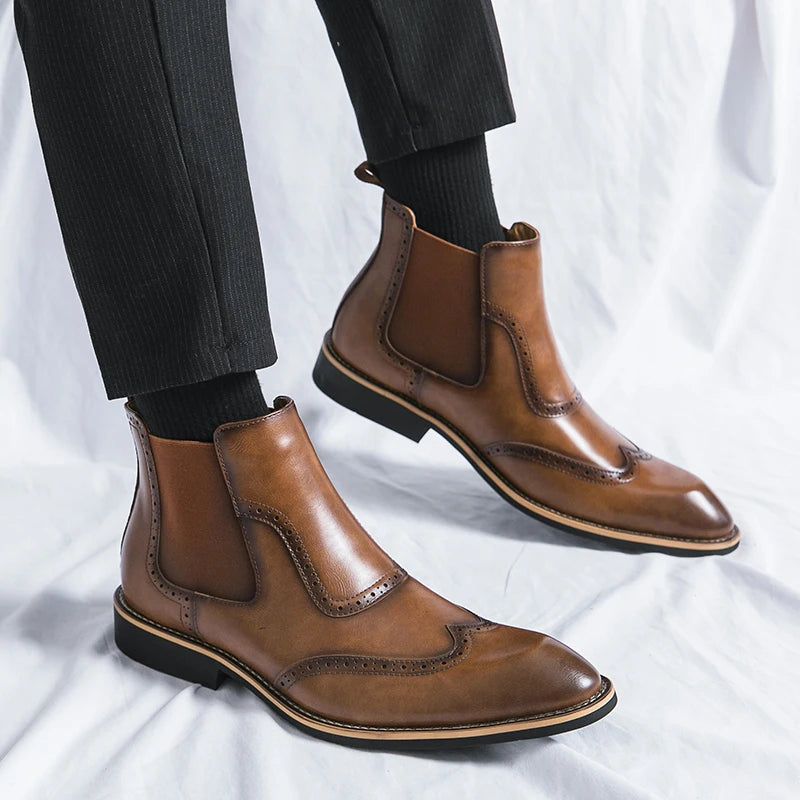 Distinto - Men's Polished Leather Brogue Chelsea Boots - Ashour Shoes