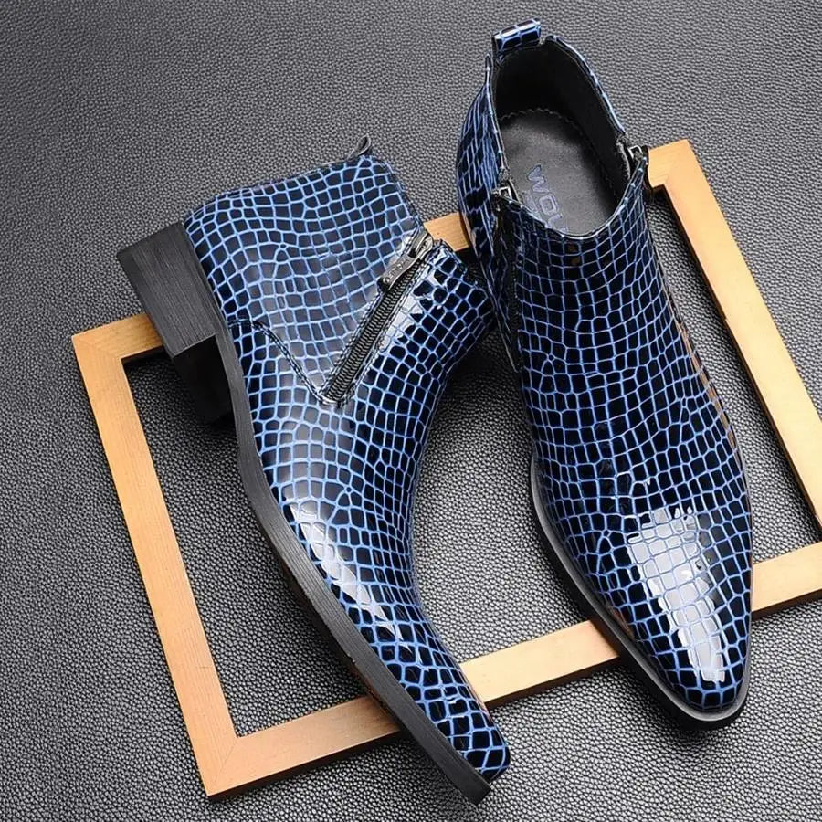 Stile - Men's Blue Crocodile Embossed Patent Leather Zipper Ankle Dress Boots - Ashour Shoes