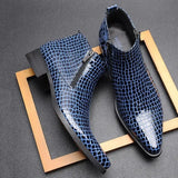 Stile - Men's Blue Crocodile Embossed Patent Leather Zipper Ankle Dress Boots - Ashour Shoes