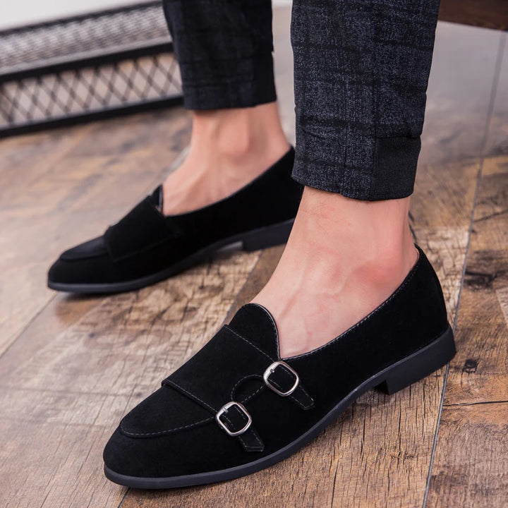 Duca - Men's Black Suede Pointed Toe Double Monk Strap Dress Shoes