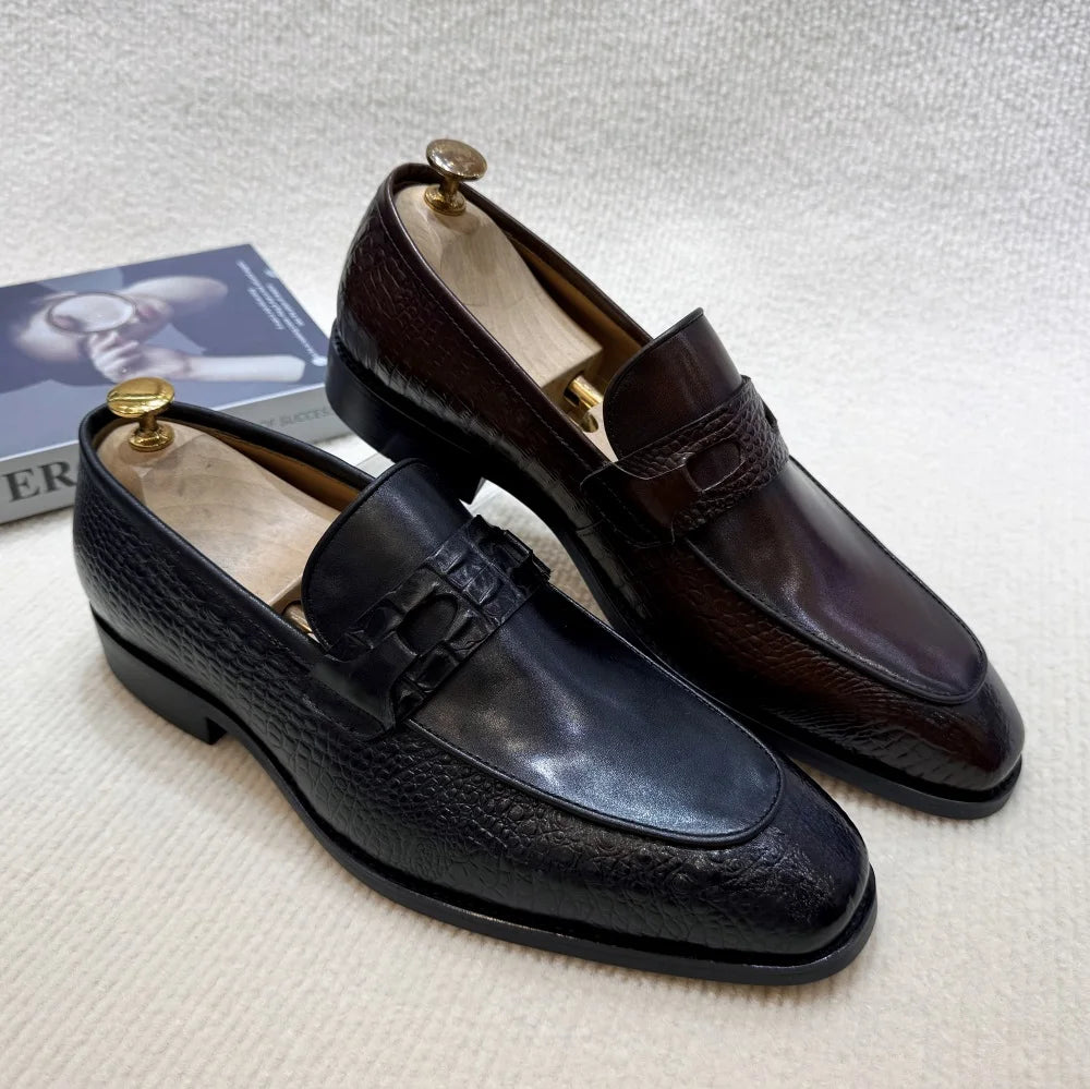 Eleganza - Men's Dark Brown Crocodile Print Leather Loafers - Ashour Shoes