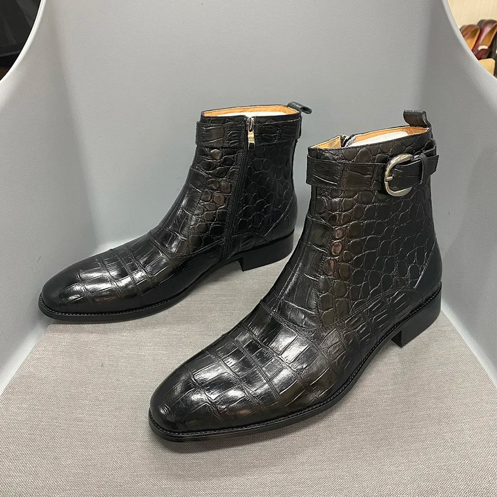 Divo - Men's Genuine Leather Crocodile Print Zip Buckle Ankle Boots - Ashour Shoes