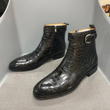 Divo - Men's Genuine Leather Crocodile Print Zip Buckle Ankle Boots - Ashour Shoes