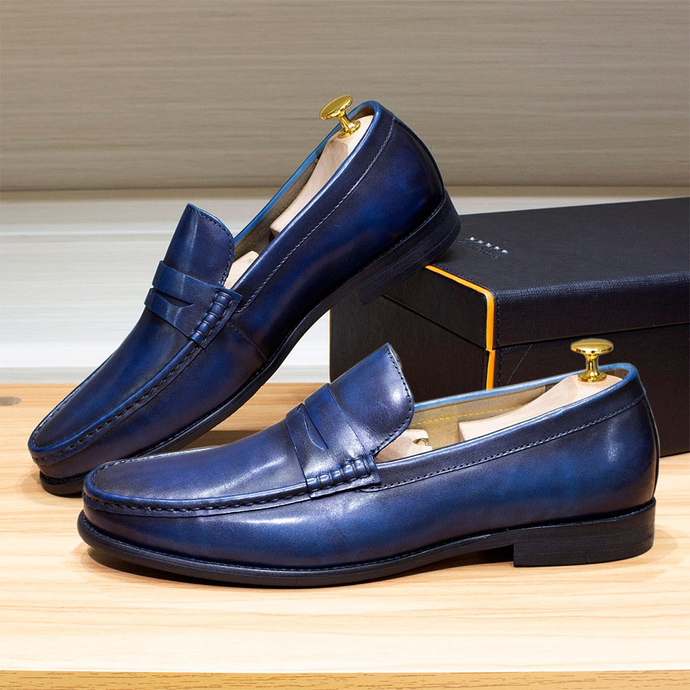 Sfarzo - Luxury Men's Leather Penny Loafers (Blue or Black) - Ashour Shoes