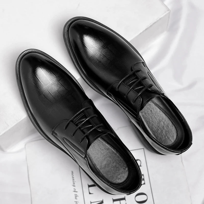 Ascenso - Men's 8 CM Height Increasing Black Split Leather Oxford Dress Shoes - Ashour Shoes