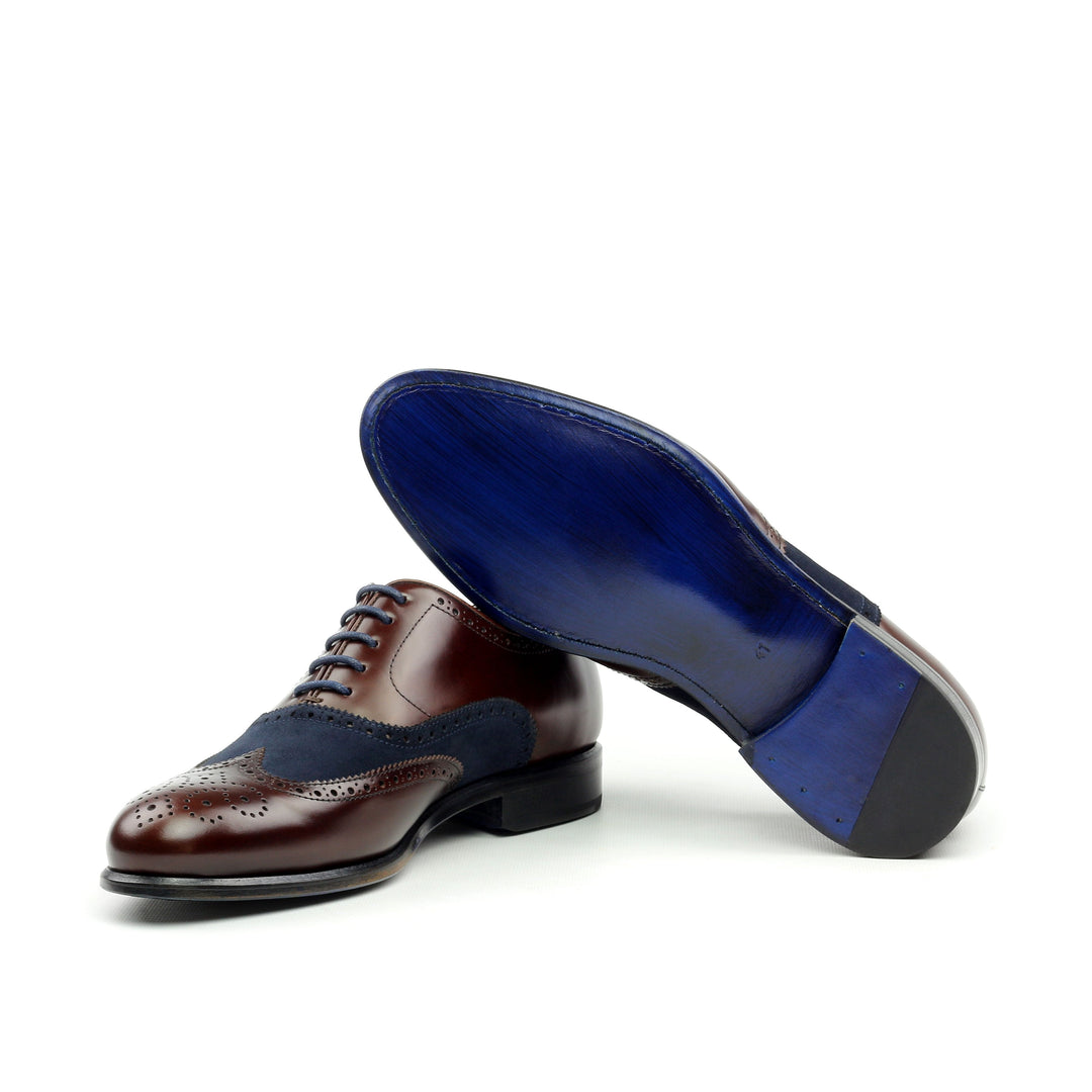 Azul - Handmade Coffee Brown Wingtip Oxford. full Brogue, Blue Suede Highlights and blue bottom sole - Ashour Shoes