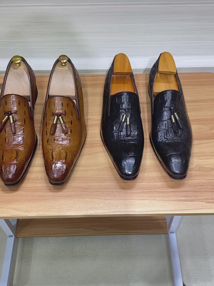 The Lasen - Luxurious Alligator Print Leather Tassel Loafers