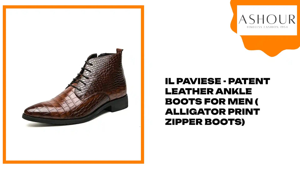 il Paviese - Patent Leather Ankle Boots for Men ( Alligator print zipper boots) by@Outfy