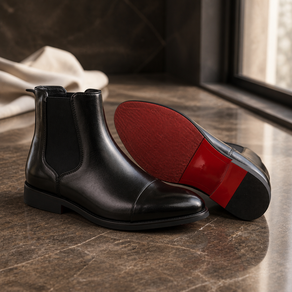 Roma red-bottom leather Chelsea boots for men - lifestyle product shot