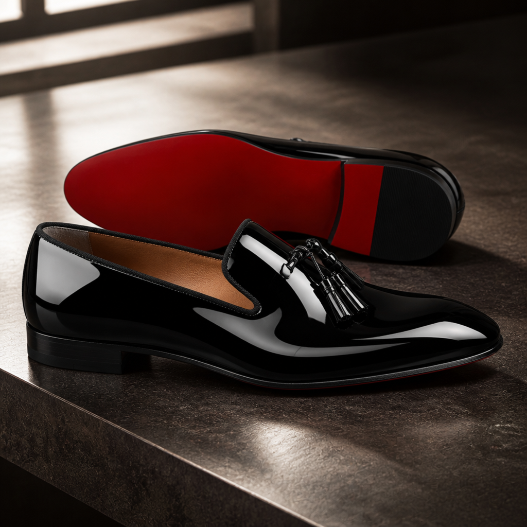 Rossi P3 patent leather red-bottom loafers for men - lifestyle product shot