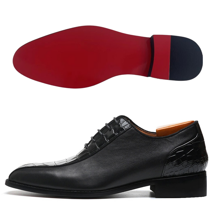 The Luxxor - Red bottom sole leather oxford dress shoes with half alligator print