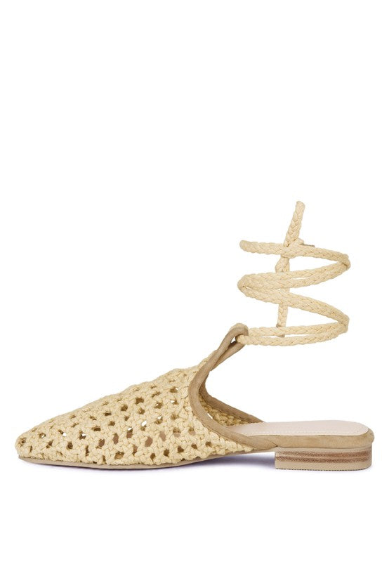 TUTSI HANDWOVEN HONEYCOMB COTTON TIE UP MULE FLATS For Women