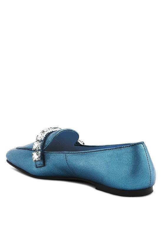 CHURROS Metallic Diamante Leather Loafers for women