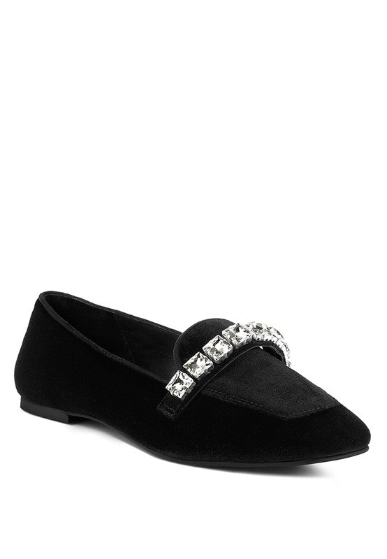 Malevento - Handcrafted Velvet Diamante Loafers For Women