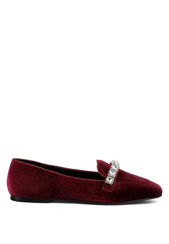 Malevento - Handcrafted Velvet Diamante Loafers For Women