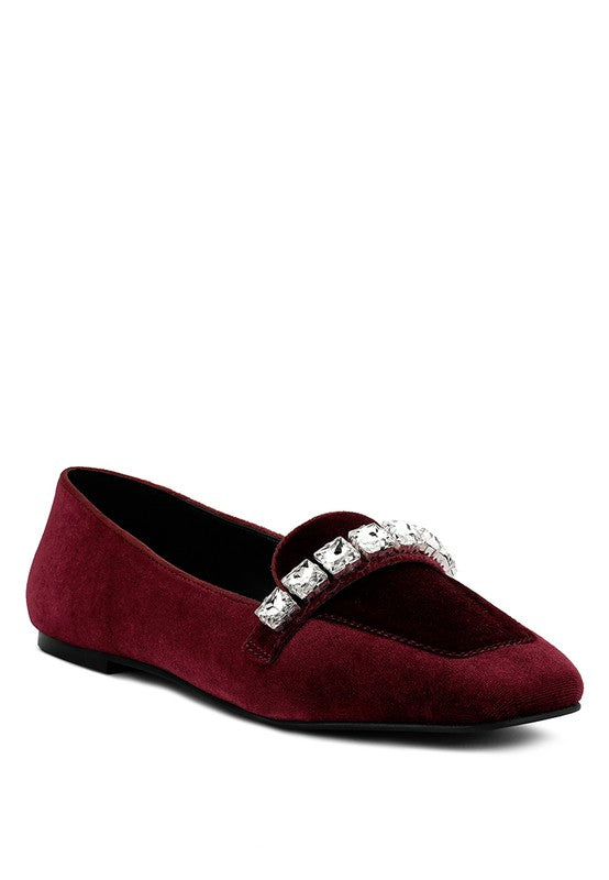 Malevento - Handcrafted Velvet Diamante Loafers For Women