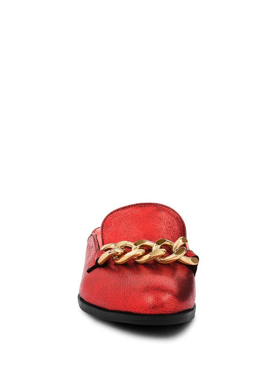 The Azka - Metal Chain Red/Black Leather Mules For Women - Ashour Shoes